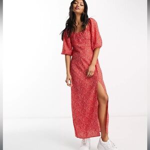 Red puff sleeve midi dress in red and white spot